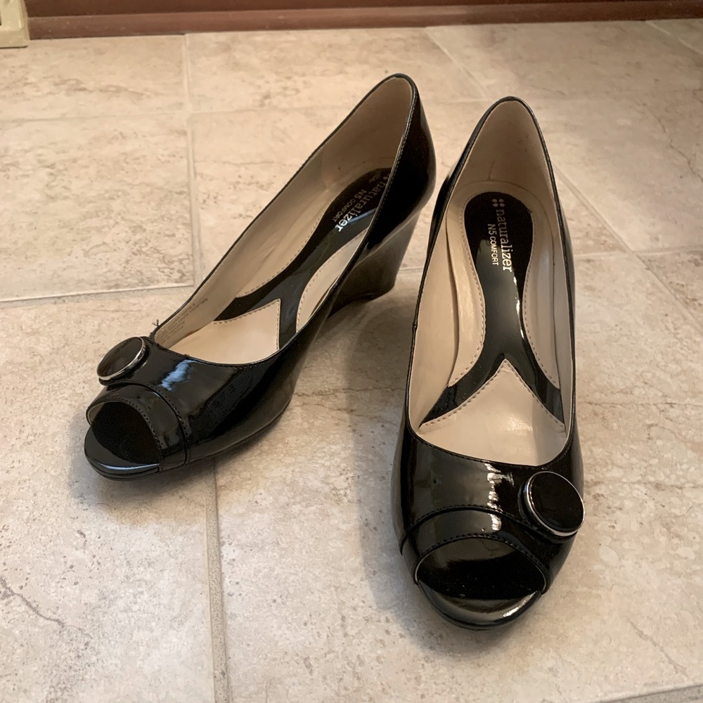 Black Patent Leather Wedges, Size 10